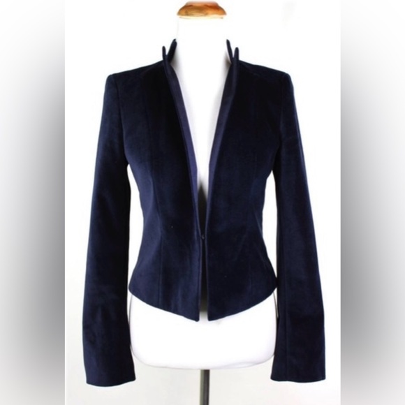 CLUB MONACO Blue Velvet Blazer Jacket Coat Navy Cropped Notch Stand Up Collar - Picture 13 of 14